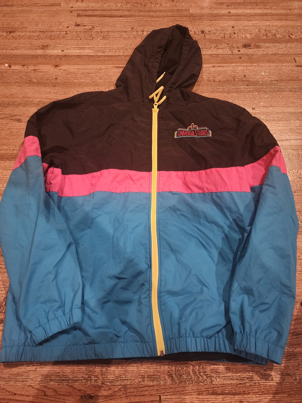 Universal Studios Men's Colorblock Hooded Windbreaker - Black, Pink & Blue
